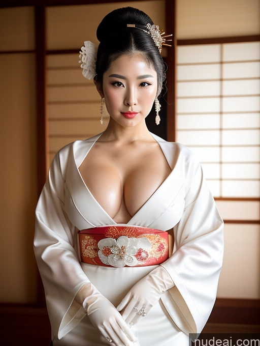 ai nude image of araffe asian woman in a kimono dress posing for a picture pics of Big Hips Oiled Body Perfect Body Black Hair Onsen Gloves Cleavage Bright Lighting Fairer Skin Jewelry Perfect Boobs Busty Pearl Jewelry Serious Ponytail Geisha Japanese Traditional