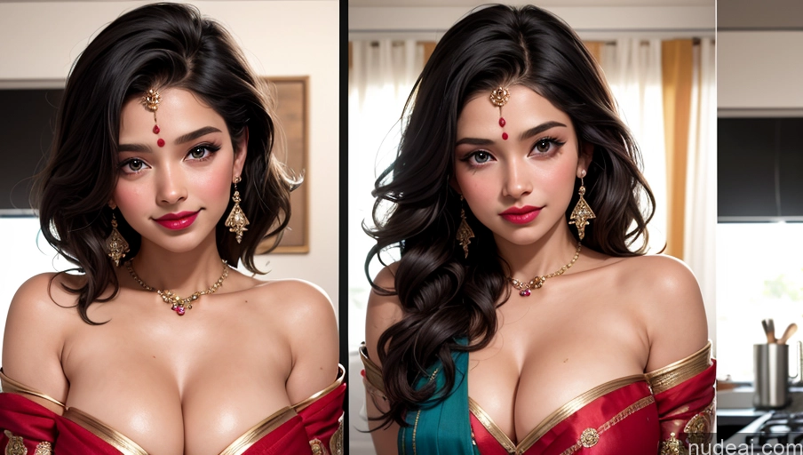 ai nude image of there are two pictures of a woman in a red and green dress pics of Woman Busty Beautiful Lipstick Perfect Body Happy Black Hair Long Hair Indian Skin Detail (beta) Kitchen Cooking Sari Cleavage Jewelry Detailed Front View