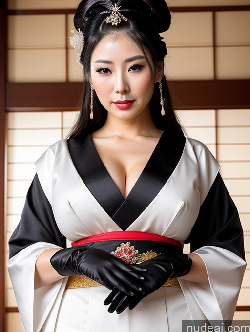 ai nude image of araffe woman in a kimono dress and gloves posing for a picture pics of Big Hips Oiled Body Perfect Body Black Hair Onsen Gloves Cleavage Bright Lighting Fairer Skin Jewelry Perfect Boobs Busty Pearl Jewelry Serious Ponytail Geisha Japanese Traditional