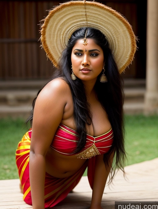 ai nude image of araffe woman in a red and yellow bikini and a straw hat pics of Pubic Hair Tanned Skin Chubby Black Hair Long Hair Indian Traditional Sexy Face Bending Over