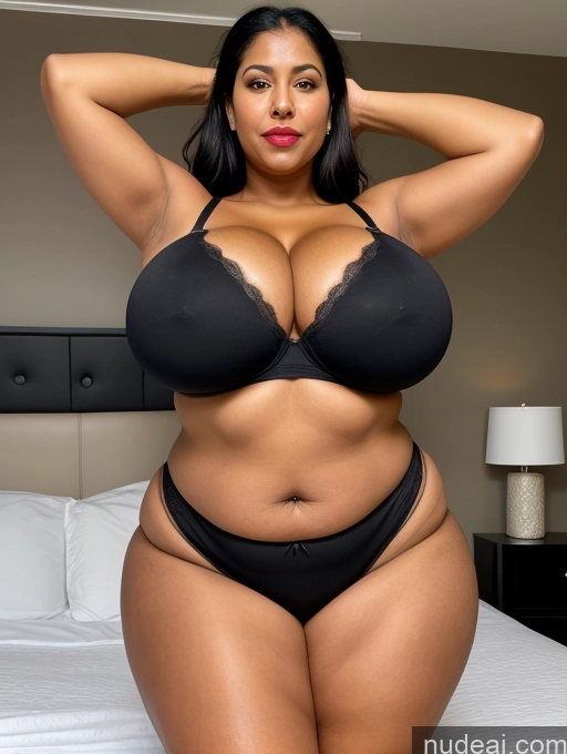 ai nude image of araffe woman in a black bra top and black panties posing on a bed pics of Milf One Huge Boobs Lipstick Big Ass Thick Big Hips Tall Dark Skin Black Hair Indian Bedroom Front View T-pose Thong Cleavage Detailed Sexy Face Busty