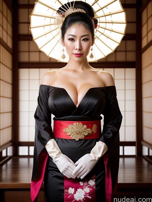 ai nude image of araffe woman in a black dress and a red sash pics of Big Hips Oiled Body Perfect Body Black Hair Onsen Gloves Cleavage Bright Lighting Fairer Skin Jewelry Perfect Boobs Busty Pearl Jewelry Serious Ponytail Geisha Japanese Traditional 30s