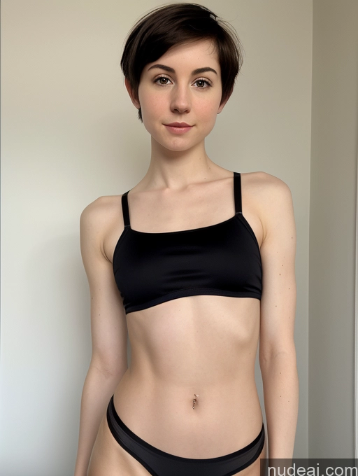 ai nude image of there is a woman in a black bikini posing for a picture pics of Fairer Skin Front View Crop Top Thong 18 Black Hair Pixie Woman Skinny Short White