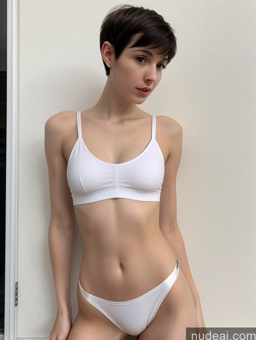 ai nude image of arafed woman in white underwear posing in front of a white wall pics of Fairer Skin Front View Crop Top Thong 18 Black Hair Pixie Woman Skinny Short White Biting Lip