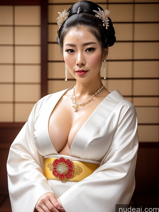 ai nude image of araffe asian woman in a kimono dress posing for a picture pics of Big Hips Oiled Body Perfect Body Black Hair Onsen Gloves Cleavage Bright Lighting Fairer Skin Jewelry Perfect Boobs Busty Pearl Jewelry Serious Ponytail Geisha Japanese Traditional 30s