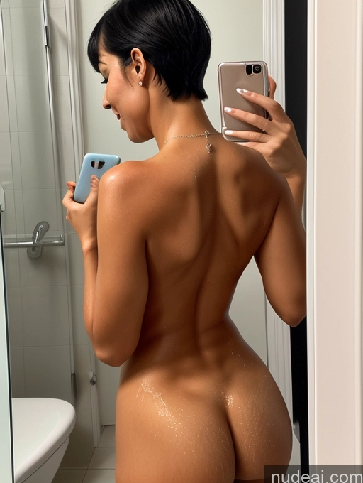 ai nude image of araffed woman taking a selfie in a bathroom mirror pics of Woman One Perfect Boobs 30s Oiled Body Orgasm Black Hair Short Hair Turkish Mirror Selfie Bathroom Front View Yoga Nude