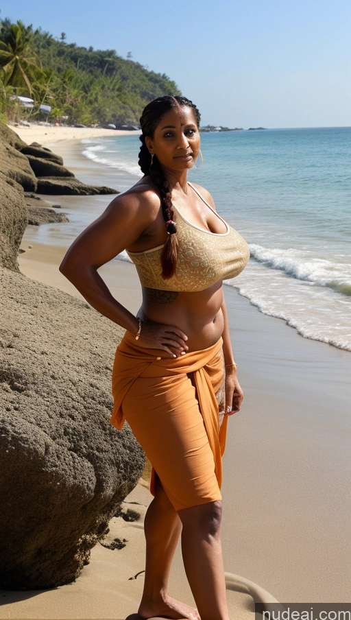 ai nude image of woman in orange skirt standing on beach next to large rock pics of Milf Busty Huge Boobs Beautiful Tattoos Muscular Big Ass Abs Thick Big Hips Tall Dark Skin Sexy Face Seductive Indian Beach T-pose 60s Ginger Front View Braided Blouse Sari