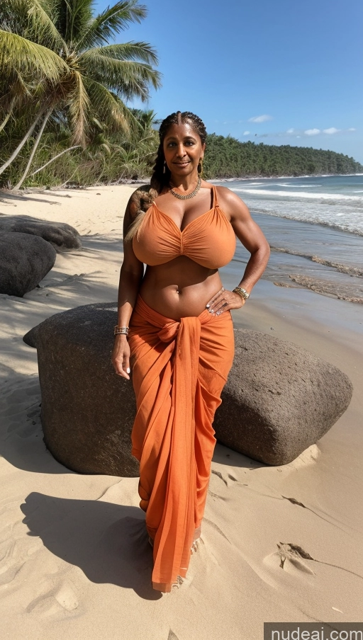 ai nude image of arafed woman in an orange sarong standing on a beach pics of Milf Busty Huge Boobs Beautiful Tattoos Muscular Big Ass Abs Thick Big Hips Tall Dark Skin Sexy Face Seductive Indian Beach T-pose 60s Ginger Braided Blouse Sari Front View