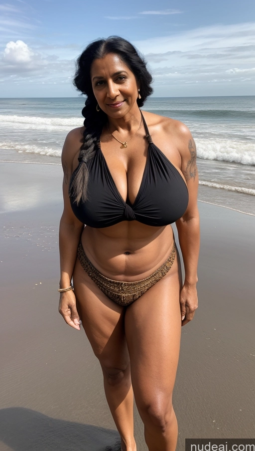 ai nude image of there is a woman in a bikini standing on the beach pics of Milf Busty Huge Boobs Beautiful Tattoos Muscular Big Ass Abs Big Hips Tall Dark Skin Sexy Face Seductive Indian Beach T-pose 60s Braided Blouse Sari Front View Black Hair