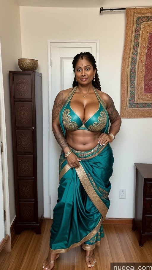 ai nude image of araffe woman in a blue sari posing for a picture pics of Milf Busty Beautiful Tattoos Muscular Big Ass Abs Big Hips Tall Dark Skin Sexy Face Seductive Indian Braided Front View 50s Bedroom Ginger Sari T-pose Bra Huge Boobs Thick