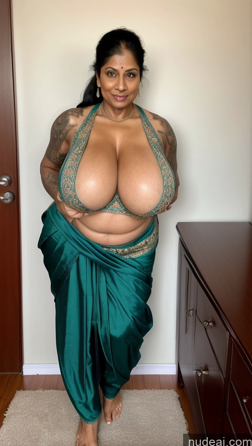 ai nude image of arafed woman in a green sari posing for a picture pics of Milf Busty Beautiful Tattoos Muscular Big Ass Big Hips Tall Dark Skin Sexy Face Indian Front View Huge Boobs Thick T-pose Seductive Bedroom 60s Abs Ginger Ponytail Bra Sari