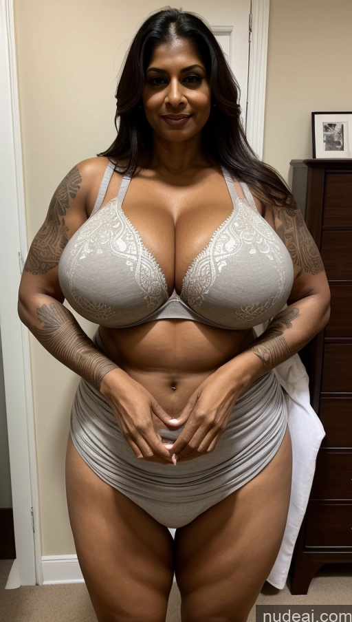 ai nude image of arafed woman in a gray bra top and panties posing for a picture pics of Milf Busty Beautiful Tattoos Muscular Big Ass Big Hips Tall Dark Skin Sexy Face Indian Front View Huge Boobs T-pose Seductive Bedroom Abs Ginger Ponytail Bra Sari 50s