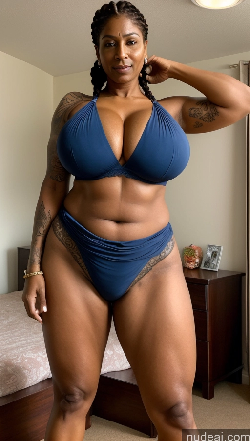 ai nude image of arafed woman in a blue bikini posing for a picture pics of Milf Busty Beautiful Tattoos Muscular Big Ass Big Hips Tall Dark Skin Sexy Face Indian Front View Huge Boobs T-pose Seductive Bedroom Abs 50s Braided Bra Sari Ginger