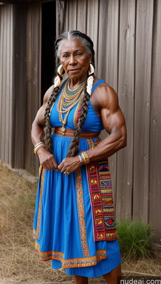 ai nude image of arafed woman in blue dress standing in front of a barn pics of 60s Dark Fantasy Muscular Braided 80s Bodybuilder Native American Dark Skin Traditional