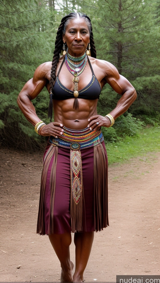 ai nude image of arafed woman in a skirt and necklace posing for a picture pics of 60s Dark Fantasy Muscular Braided Bodybuilder Native American Dark Skin Traditional 70s