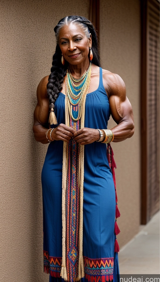 ai nude image of arafed woman in a blue dress posing for a picture pics of 60s Dark Fantasy Muscular Braided Bodybuilder Native American Dark Skin Traditional 70s