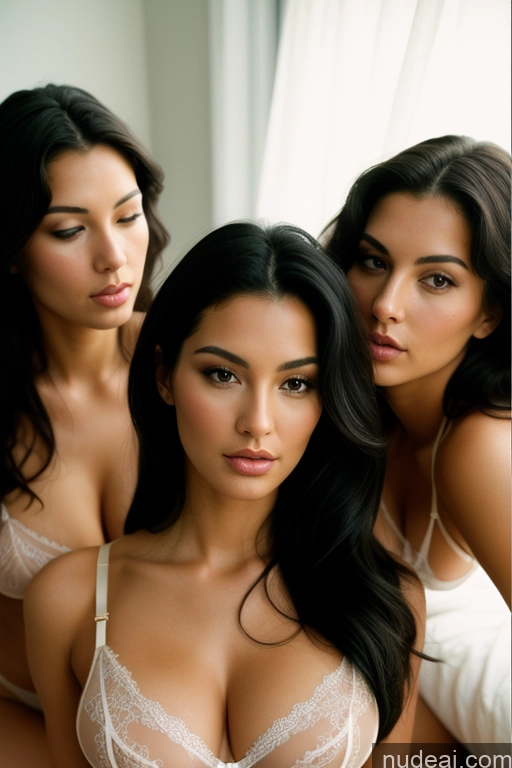 ai nude image of three women in lingersuits posing for a picture in a bedroom pics of Busty Perfect Boobs Beautiful Big Ass Thick Big Hips Long Legs Perfect Body Long Hair 20s Serious Seductive Black Hair Film Photo Back View Lingerie Transparent Sexy Face Lingerie Model Bedroom Several