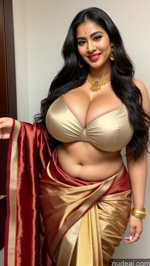 ai nude image of a close up of a woman in a gold and red sari pics of Woman Busty Huge Boobs Beautiful Lipstick Big Ass Fairer Skin 50s Seductive Sexy Face Happy Black Hair Long Hair Malaysian Skin Detail (beta) Sari Traditional Jewelry Gold Jewelry Bright Lighting Thong Front View