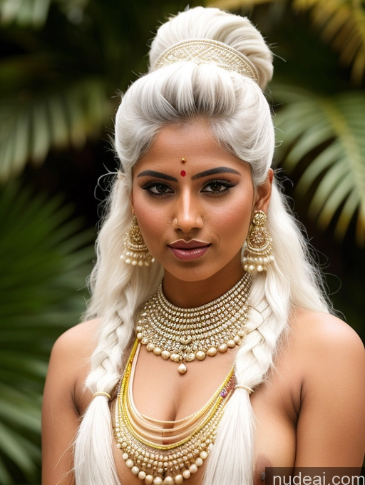 ai nude image of araffe woman with white hair and a gold necklace and earrings pics of Pubic Hair Sexy Face Indian Tanned Skin White Hair Traditional 20s Hair Bun