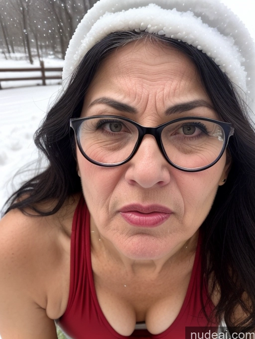 ai nude image of woman wearing glasses and a red tank top in the snow pics of Milf Skinny Short Pregnant 50s Angry Shocked Black Hair Jewish Snow One Piece Swimsuit Lipstick Glasses Front View Busty Traditional