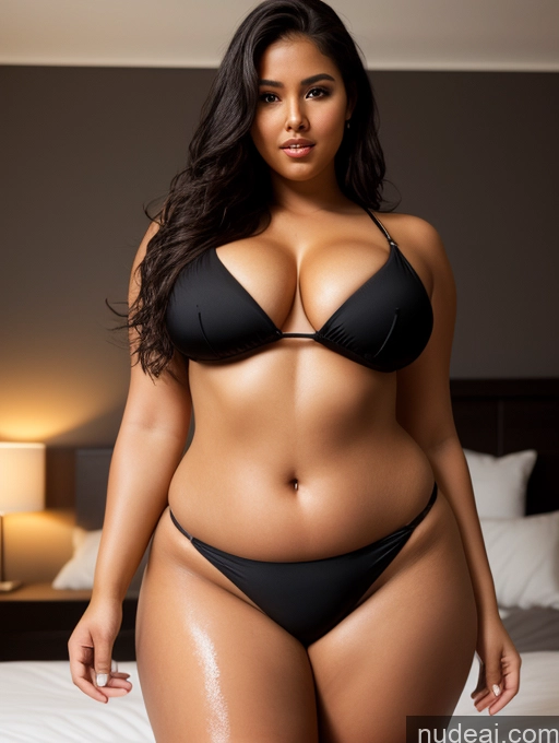 ai nude image of araffe woman in a black bikini posing on a bed pics of Busty Beautiful Big Ass Thick Chubby Short Long Hair Tanned Skin Oiled Body Seductive Black Hair Filipina 3d Bedroom Bikini 18 Front View