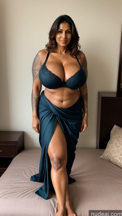 ai nude image of arafed woman in a blue dress posing on a bed pics of Milf Busty Huge Boobs Beautiful Tattoos Muscular Big Ass Abs Big Hips Tall Dark Skin 50s Seductive Indian Bedroom Front View T-pose Sexy Face Straight Ginger Bra Sari