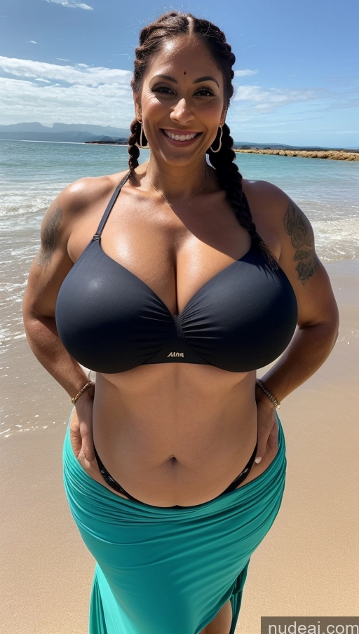 ai nude image of arafed woman in a bikini posing on the beach pics of Busty Beautiful Tattoos Muscular Big Ass Big Hips Tall Dark Skin T-pose Braided Milf Huge Boobs Bra Long Skirt Ginger Abs Beach 40s Sexy Face Front View Indian Happy