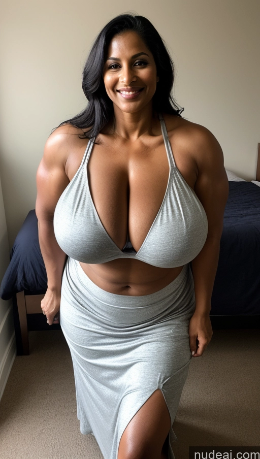 ai nude image of arafed woman in a grey dress posing for a picture pics of Busty Beautiful Tattoos Muscular Big Ass Big Hips Tall Dark Skin T-pose Milf Huge Boobs Abs Sexy Face Front View Indian Happy 50s Black Hair Dark Lighting Bedroom Thick Bikini Long Skirt