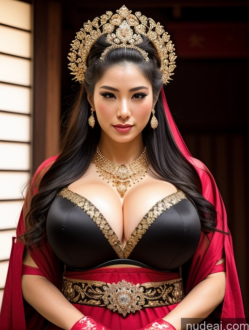 ai nude image of araffe woman in a red and black dress with a gold crown pics of Huge Boobs Perfect Boobs Perfect Body Fairer Skin Oiled Body Big Hips Sexy Face Black Hair Japanese Onsen Gloves Khorne Wedding Cleavage Gold Jewelry Diamond Jewelry Jewelry Transparent Bright Lighting Geisha Bra