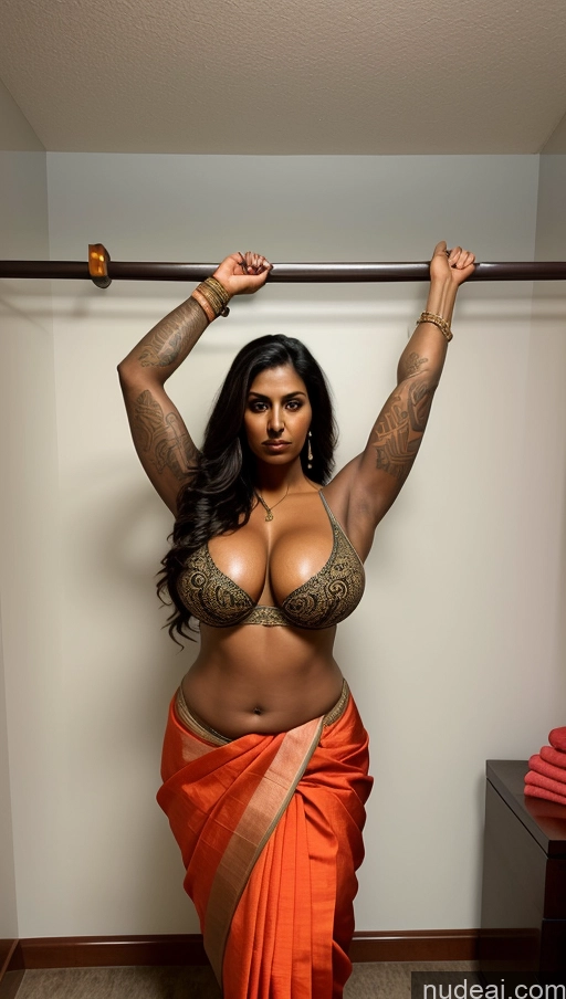 ai nude image of arafed woman in a sari posing for a picture pics of Busty Beautiful Big Ass Tall Dark Skin Milf Sexy Face Indian 50s Seductive Thick T-pose Tattoos Muscular Changing Room Sari Front View Brunette Fat Perfect Boobs