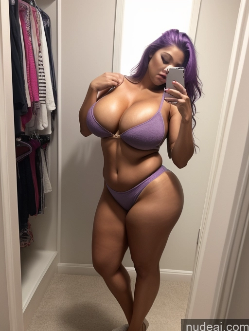 ai nude image of araffe woman in a purple bikini taking a selfie in a mirror pics of Huge Boobs Muscular Big Ass Chubby Big Hips Perfect Body Pubic Hair Shocked Purple Hair Messy Latina High Heels Topless Mirror Selfie Spreading Legs Changing Room Stockings 80s Bright Lighting Wine