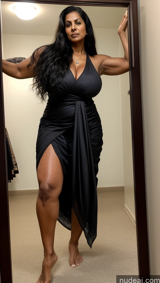 ai nude image of araffe woman in a black dress is standing in a mirror pics of Milf Huge Boobs Beautiful Tattoos Muscular Big Ass Thick Fat Tall Dark Skin Seductive Indian Changing Room Close-up View T-pose Sari Sexy Face 60s Long Hair Black Hair