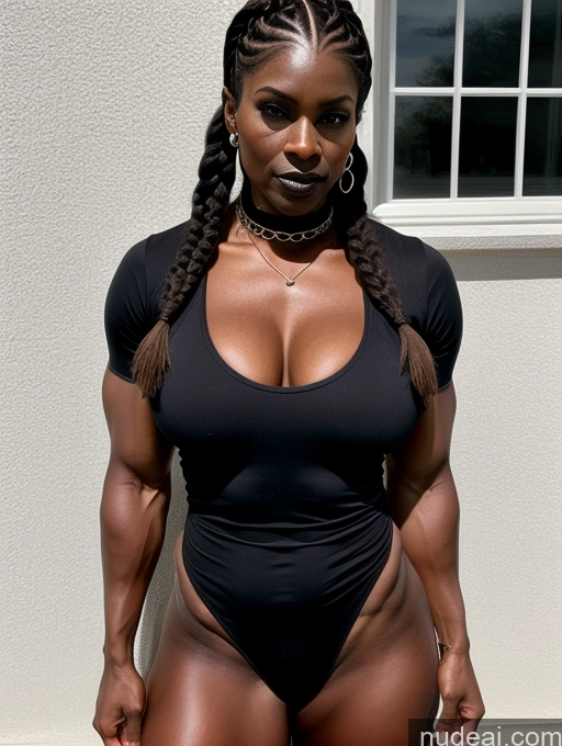 ai nude image of arafed woman in a black swimsuit posing for a picture pics of Bodybuilder Muscular Abs Thick Dark Skin 70s Serious Ginger Braided Nude Goth Pirate Busty