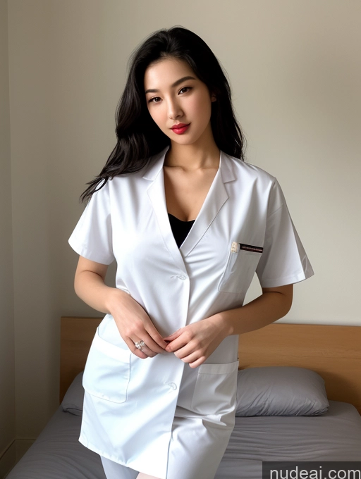 ai nude image of arafed woman in white uniform standing on a bed pics of Model Huge Boobs Lipstick Long Hair Fairer Skin 18 Seductive Black Hair Korean Bedroom Sexy Face Several Nurse