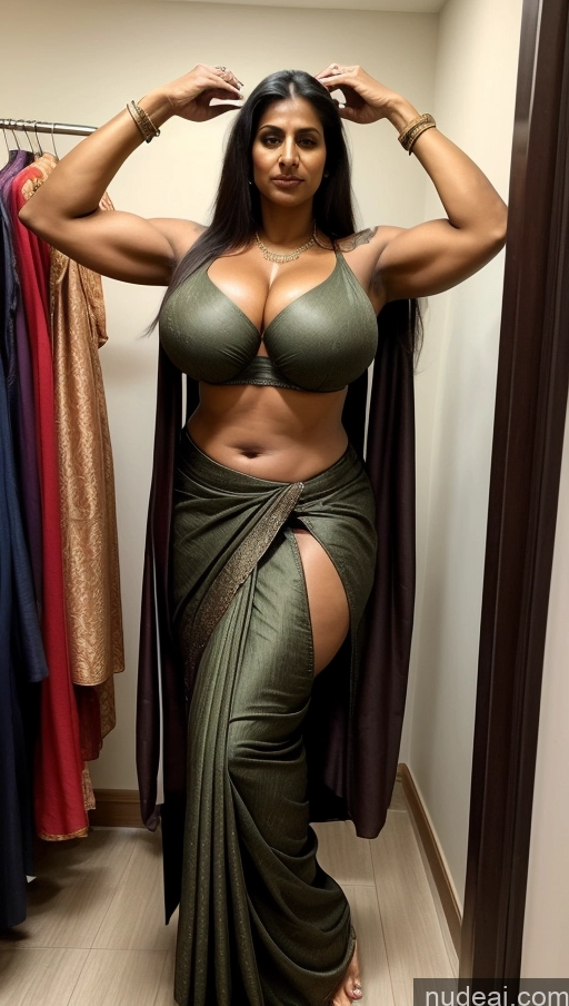 ai nude image of araffe woman in a green dress posing in a closet pics of Milf Huge Boobs Beautiful Tattoos Muscular Big Ass Thick Fat Tall Dark Skin 50s Seductive Ginger Indian Changing Room T-pose Sari Sexy Face Long Hair Front View