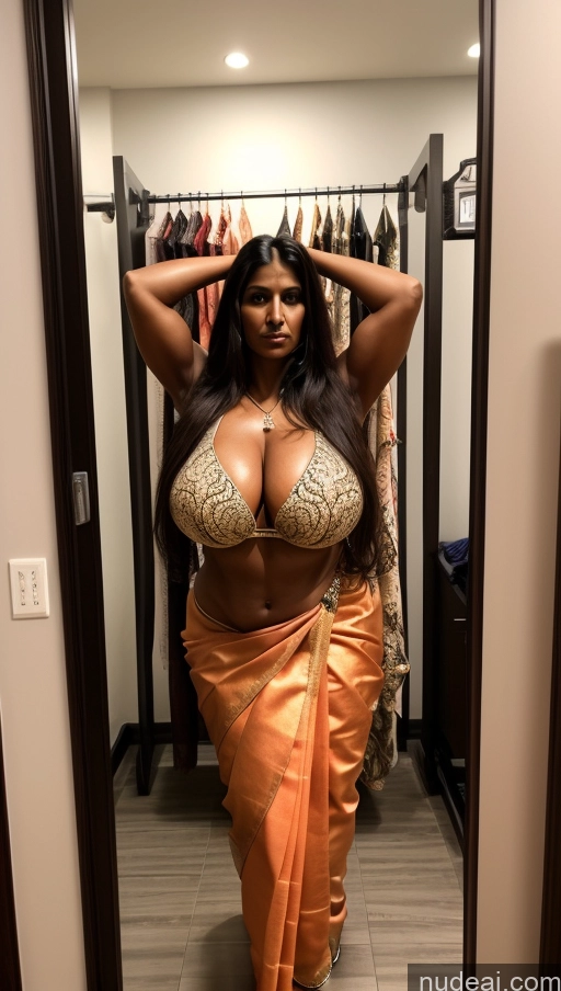 ai nude image of araffe woman in a sari posing in a dressing room pics of Milf Huge Boobs Beautiful Tattoos Muscular Big Ass Thick Tall Dark Skin 50s Seductive Ginger Indian Changing Room T-pose Sari Sexy Face Long Hair Front View Big Hips Abs