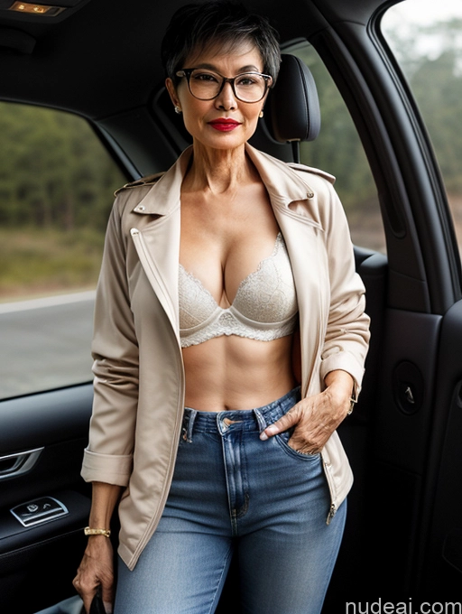 related ai porn images free for Milf Perfect Boobs Beautiful Glasses Lipstick Perfect Body 70s Pixie Chinese Car Bra Casual Jacket Jeans Stylish Cleavage Partially Nude Dark Lighting Detailed Sexy Face