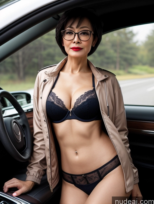 ai nude image of woman in glasses and a bra top in a car pics of Milf Perfect Boobs Beautiful Glasses Lipstick Perfect Body 70s Pixie Chinese Car Bra Casual Jacket Stylish Cleavage Partially Nude Dark Lighting Detailed Sexy Face Long Skirt