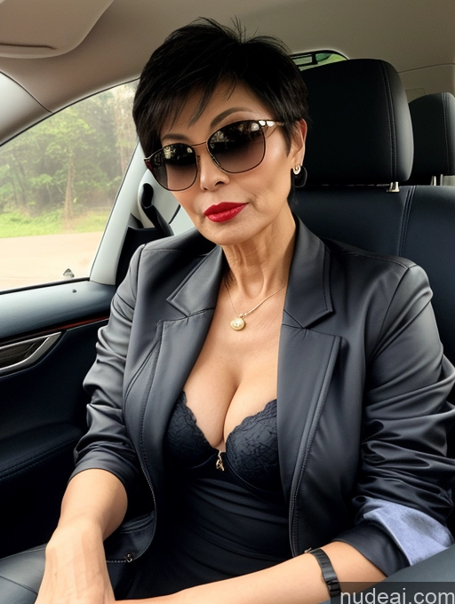 ai nude image of woman in a car wearing sunglasses and a black jacket pics of Milf Perfect Boobs Beautiful Sunglasses Lipstick Perfect Body 60s Pixie Chinese Car Bra Casual Jacket Stylish Cleavage Dark Lighting Detailed Sexy Face Suit Professor