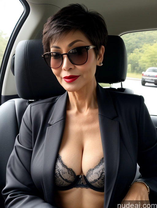 ai nude image of woman in a car wearing a black suit and sunglasses pics of Milf Perfect Boobs Beautiful Sunglasses Lipstick Perfect Body 60s Pixie Chinese Car Bra Casual Jacket Stylish Cleavage Dark Lighting Detailed Sexy Face Suit Professor