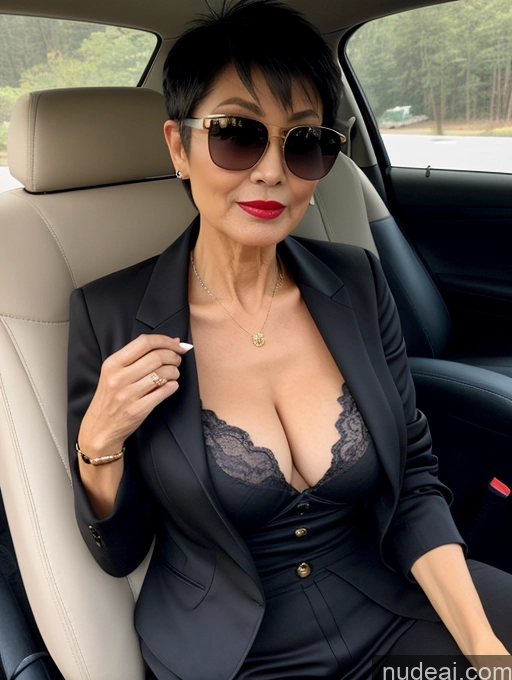 ai nude image of woman in a car wearing a black suit and sunglasses pics of Milf Perfect Boobs Beautiful Sunglasses Lipstick Perfect Body 60s Pixie Chinese Car Bra Casual Jacket Stylish Cleavage Dark Lighting Detailed Sexy Face Suit Professor