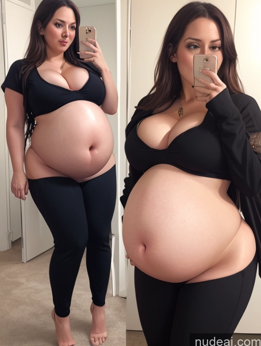 ai nude image of pregnant woman taking selfie in mirror with cell phone and wearing black top pics of Woman One Busty Big Ass Chubby Big Hips Long Hair Fairer Skin 30s Seductive Brunette White Film Photo Changing Room Cosplay Yoga Pants Cleavage Detailed Pregnant Belly Inflation, Cuminflation, Overeating