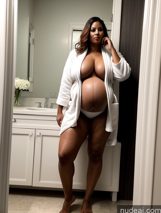 ai nude image of pregnant woman in white robe standing in bathroom with white sink pics of Milf Huge Boobs Beautiful Tattoos Big Ass Thick Tall Dark Skin 50s Seductive Ginger Straight Indian Bathroom Front View T-pose Bathrobe Sexy Face Pregnant