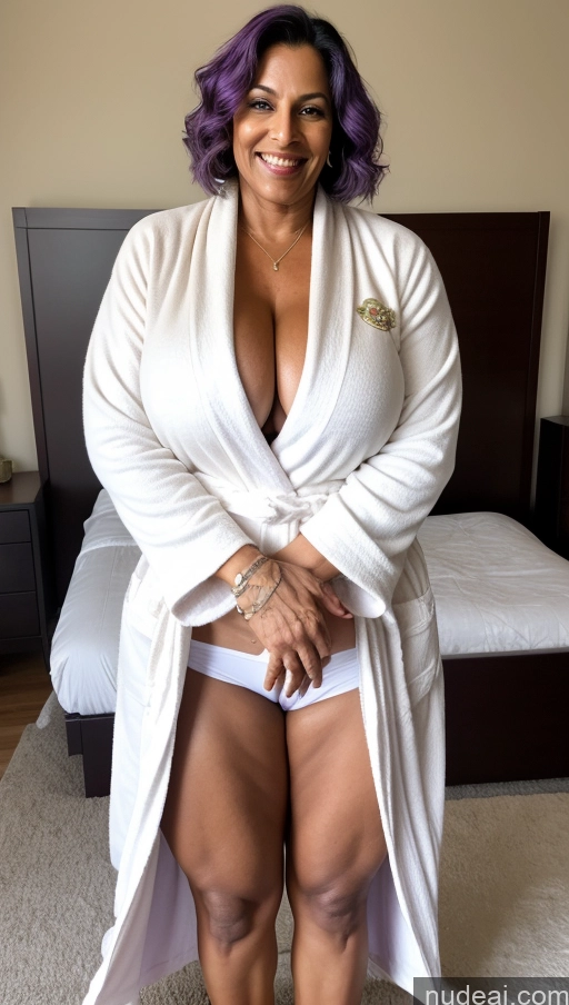 ai nude image of arafed woman in a robe posing for a picture in a bedroom pics of Milf Huge Boobs Beautiful Tattoos Big Ass Thick Tall Dark Skin 50s Sexy Face Straight Front View T-pose Indian Bathrobe Bedroom Muscular Abs Purple Hair Happy