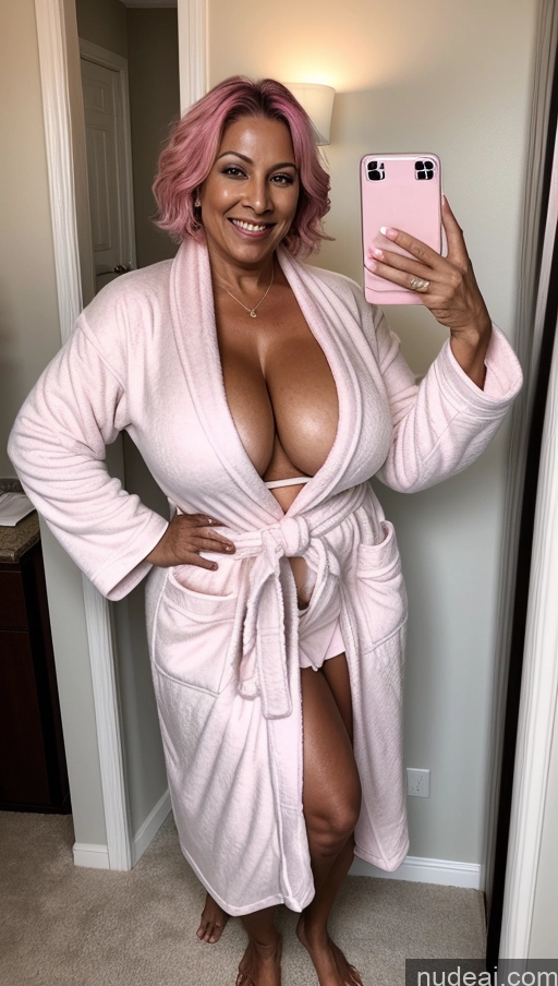 ai nude image of araffe woman in a pink robe taking a selfie in a mirror pics of Milf Huge Boobs Beautiful Tattoos Big Ass Thick Tall Dark Skin 50s Sexy Face Straight Front View T-pose Indian Bathrobe Bedroom Muscular Abs Happy Pink Hair