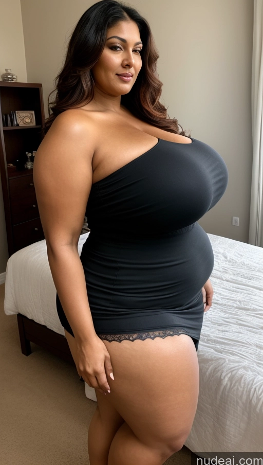 ai nude image of araffe woman in a black dress posing in a bedroom pics of Milf Huge Boobs Beautiful Tattoos Big Ass Thick Tall Dark Skin Sexy Face T-pose Indian Long Hair Seductive 50s Ginger Big Hips Chubby Long Skirt Front View Bedroom