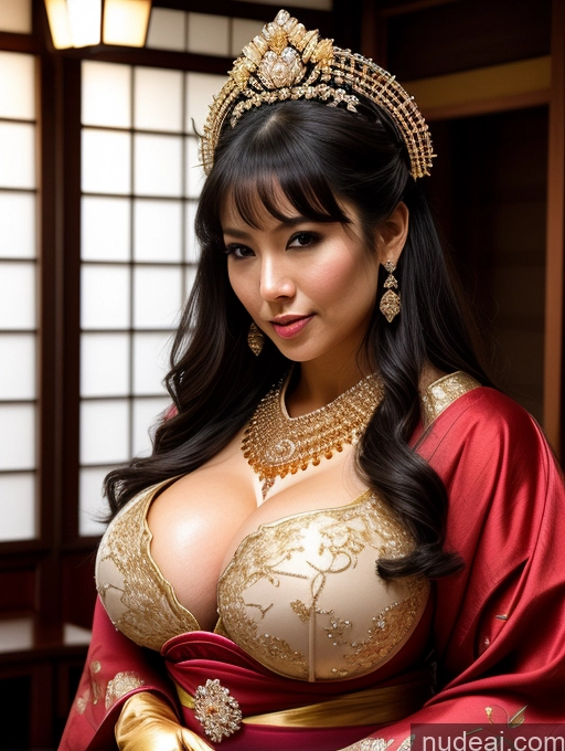 ai nude image of araffe woman in a red and gold dress with a gold tiable pics of Huge Boobs Perfect Boobs Perfect Body Fairer Skin Oiled Body Big Hips Sexy Face Black Hair Japanese Onsen Gloves Khorne Wedding Cleavage Gold Jewelry Diamond Jewelry Jewelry Transparent Bright Lighting Geisha Bra