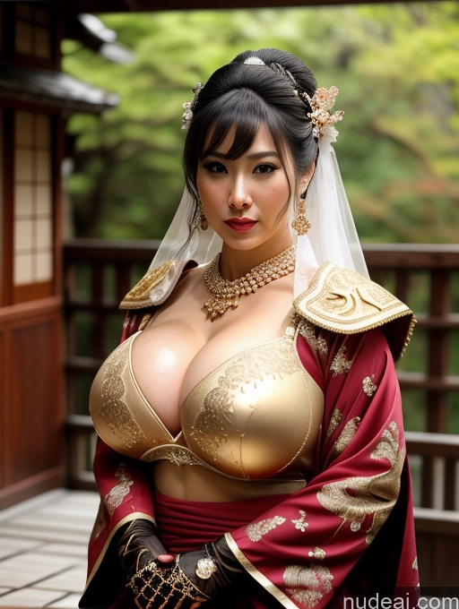 ai nude image of araffe woman in a red and gold costume posing for a picture pics of Huge Boobs Perfect Boobs Perfect Body Fairer Skin Oiled Body Big Hips Sexy Face Black Hair Japanese Onsen Gloves Khorne Wedding Cleavage Gold Jewelry Diamond Jewelry Jewelry Transparent Bright Lighting Geisha Bra