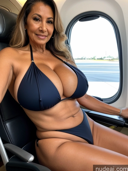 ai nude image of arafed woman in a bikini sitting in a plane looking at the camera pics of Milf One Busty Huge Boobs Tanned Skin 70s Brazilian Front View Microkini Thong Flight Attendant