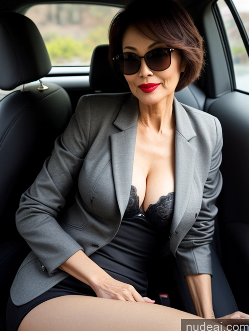 ai nude image of woman in a car with a suit and sunglasses on pics of Milf Perfect Boobs Beautiful Sunglasses Lipstick Perfect Body 60s Pixie Chinese Car Bra Casual Jacket Professor Stylish Suit Cleavage Dark Lighting Detailed Sexy Face